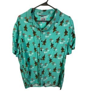 Party Pants Beer Run Shirt Mens Medium Aqua Blue Button Down SS Hawaiian Style